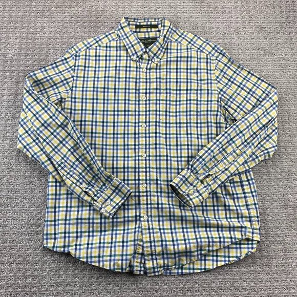 Eddie Bauer Shirt Men Large L Yellow White Blue Checkered Button Down Relaxed - Picture 1 of 11